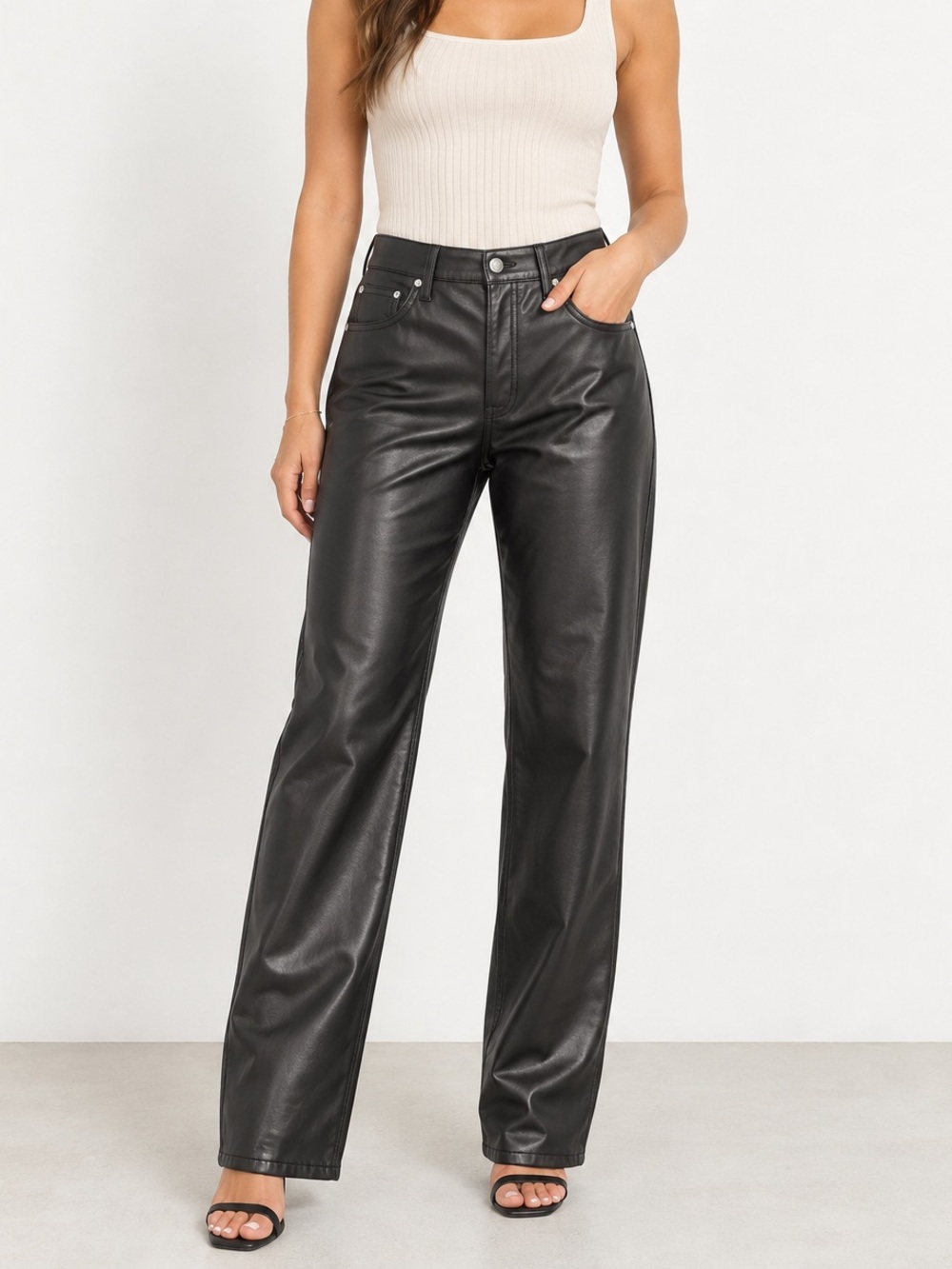 Gap Vintage Slim High Rise Black Faux Leather Straight Leg Pants Jeans. Size 16R